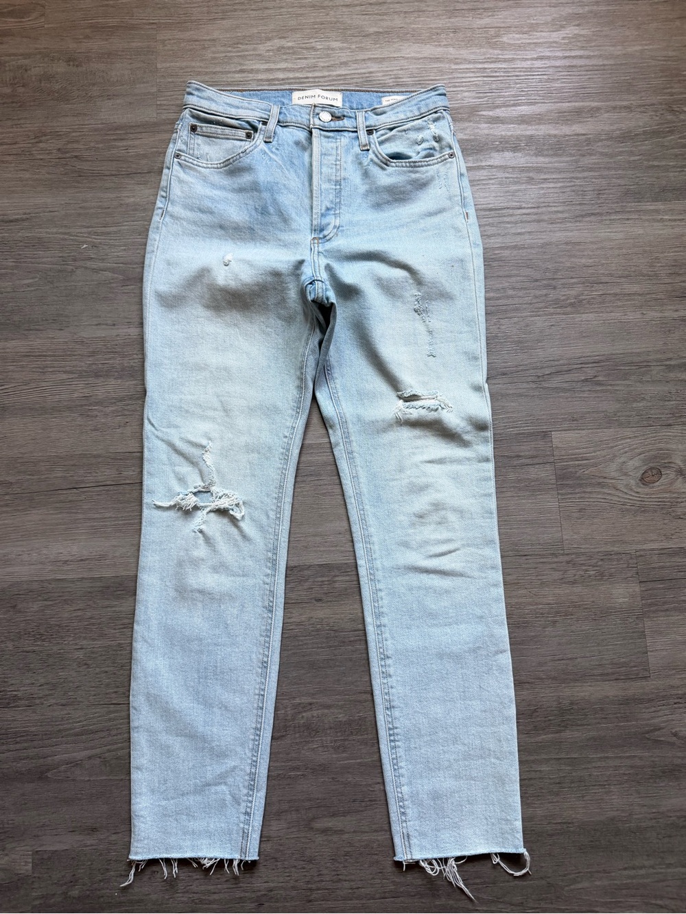 Denim Forum Light Blue Distressed Straight Leg Jeans